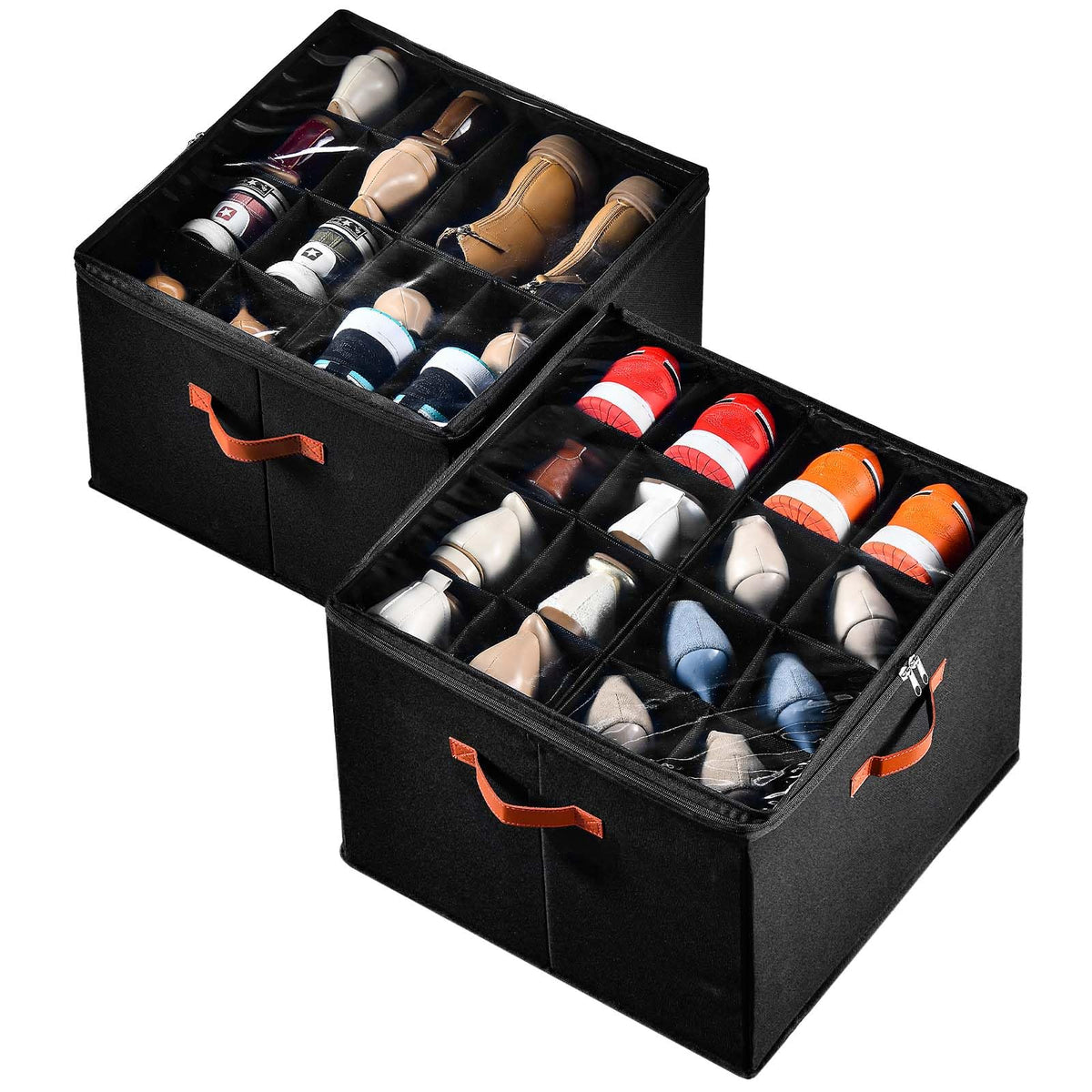 INSTY 2 Pack Shoe Organizer for Closet, Fits up to 32 Pairs, Adjustable Dividers for Shoe Storage, Fabric Shoe Storage Bins with Clear Cover, Grey