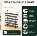 Hsscblet 6 Tiers Metal Shoe Rack,Adjustable Shoe Shelf Storage Organizer with Hooks,Stackable Boot & Shoe Storage,for Entryway,Hallway,Closet,Black
