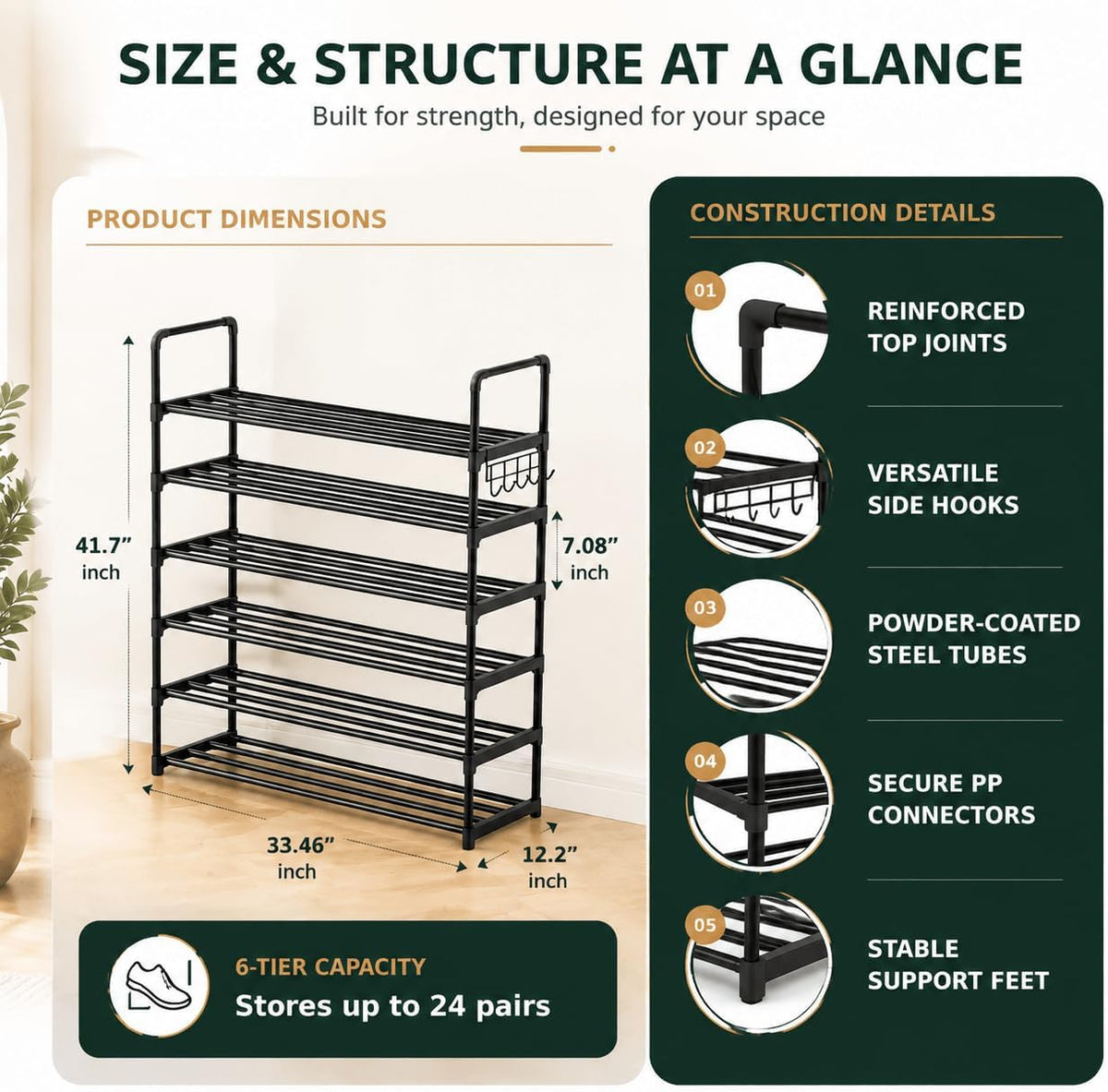Hsscblet 6 Tiers Metal Shoe Rack,Adjustable Shoe Shelf Storage Organizer with Hooks,Stackable Boot & Shoe Storage,for Entryway,Hallway,Closet,Black