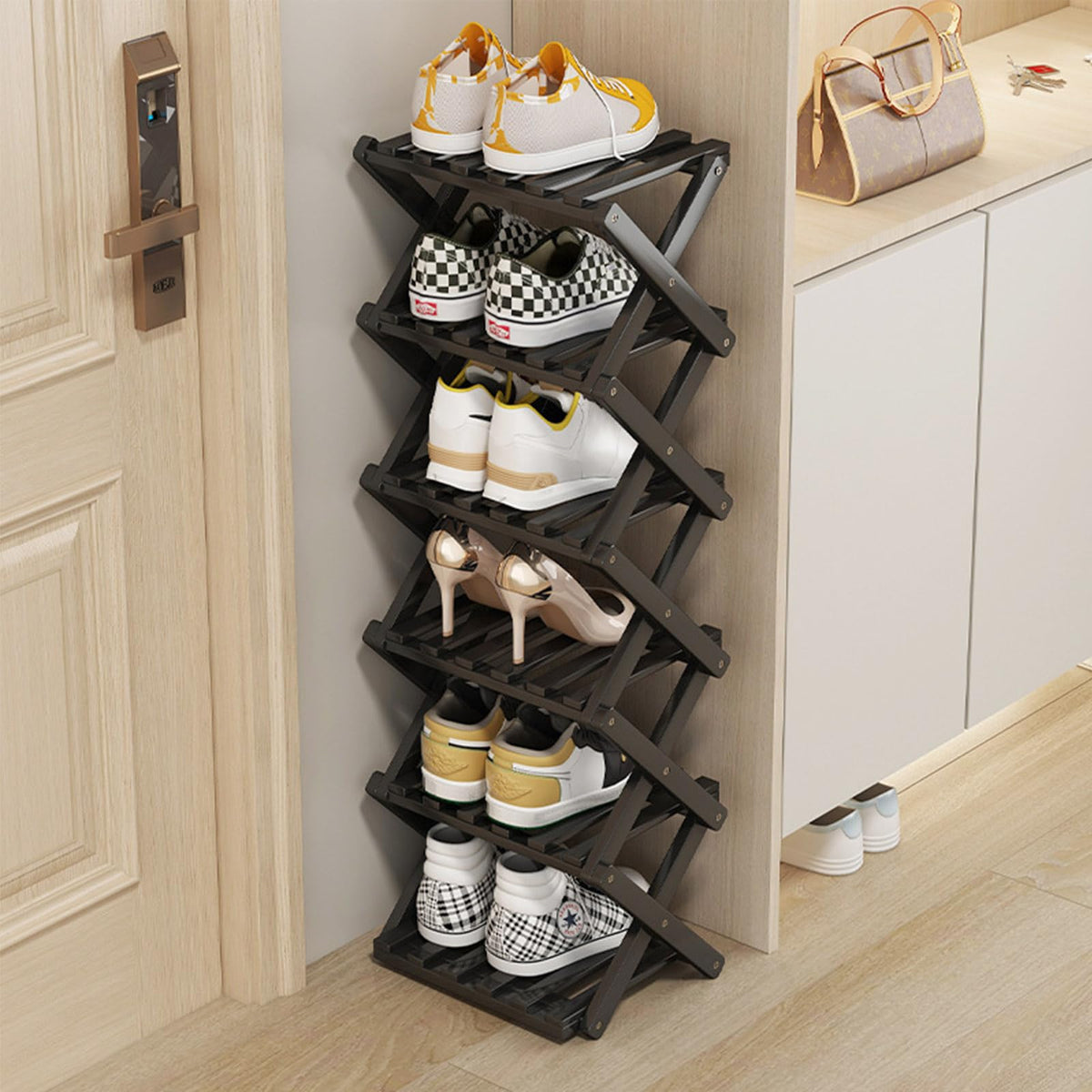 Vertical Narrow Shoe Rack, 7 Tier Portable Folding Shoe Storage Rack, Without Installation Free Standing Shoe Rack for Corridors, Bedrooms Living Room Corner and Small Spaces (7 Tier)