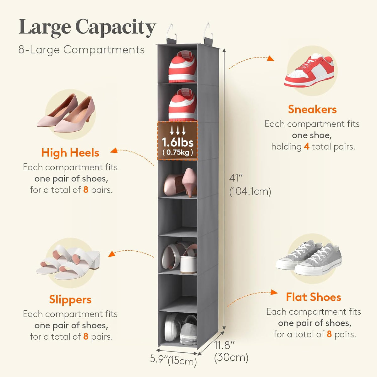 Lifewit 8 Section Hanging Shoe Storage Organizer for Closet Foldable, Gray