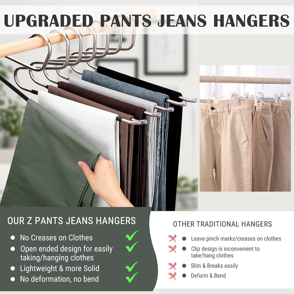 DOIOWN Open Ended Pants Jean Hangers - Stainless Steel Jeans Hangers 10 Pack 8 mm Thick, Versatile Non-Slip Hangers for Heavy Pants, Jeans, Trousers, Scarf, Space Saving Clothes Hangers for Women Men