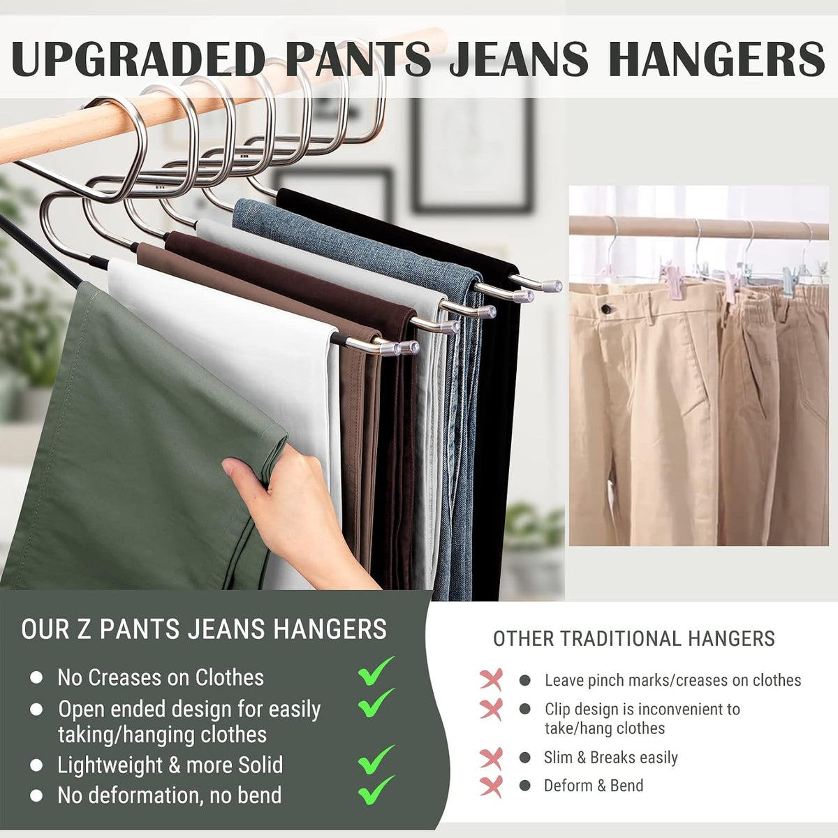 DOIOWN Open Ended Pants Jean Hangers - Stainless Steel Jeans Hangers 10 Pack 8 mm Thick, Versatile Non-Slip Hangers for Heavy Pants, Jeans, Trousers, Scarf, Space Saving Clothes Hangers for Women Men