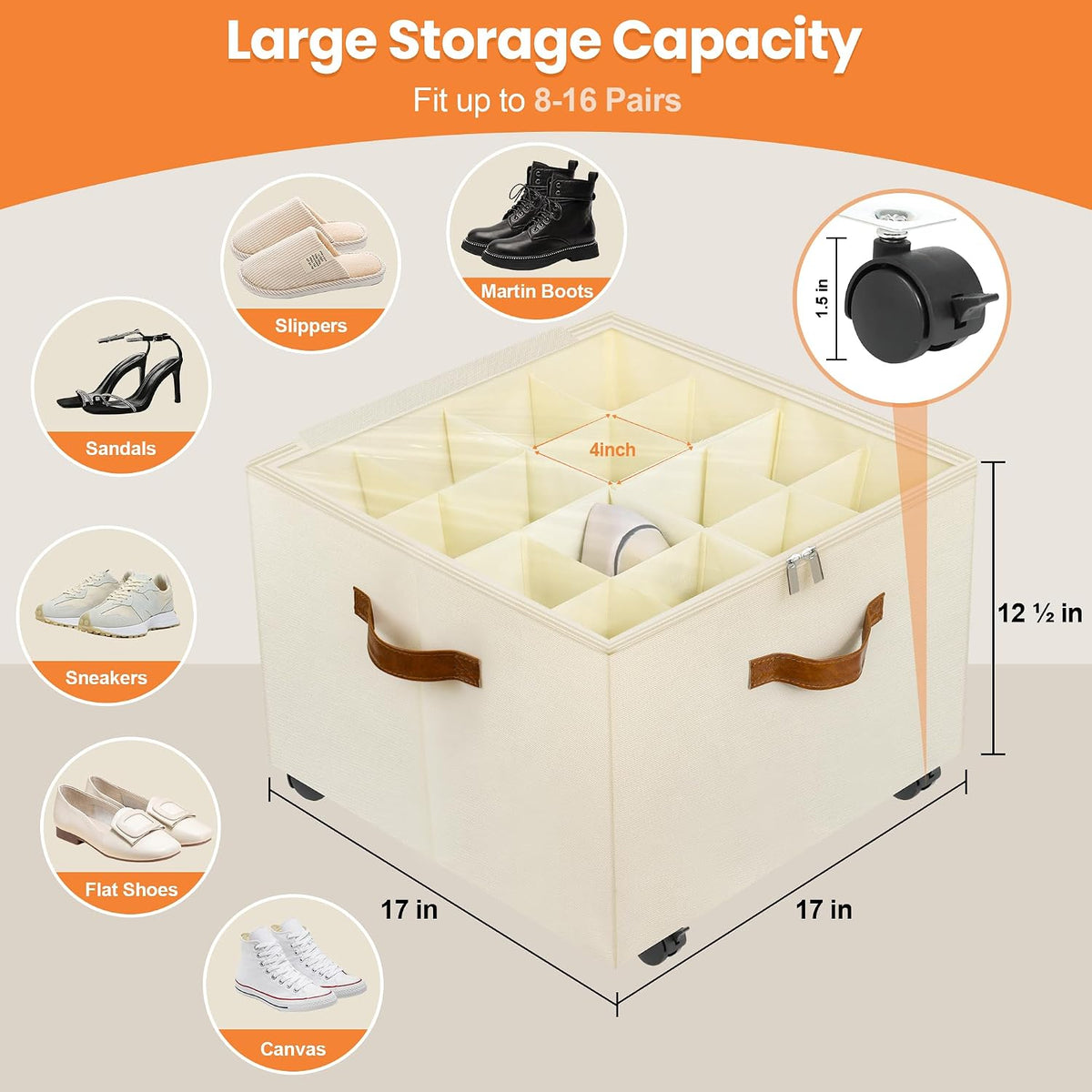 Foyego 2 Pack Shoe Organizer for Closet, Shoe Storage with Wheels, Beige
