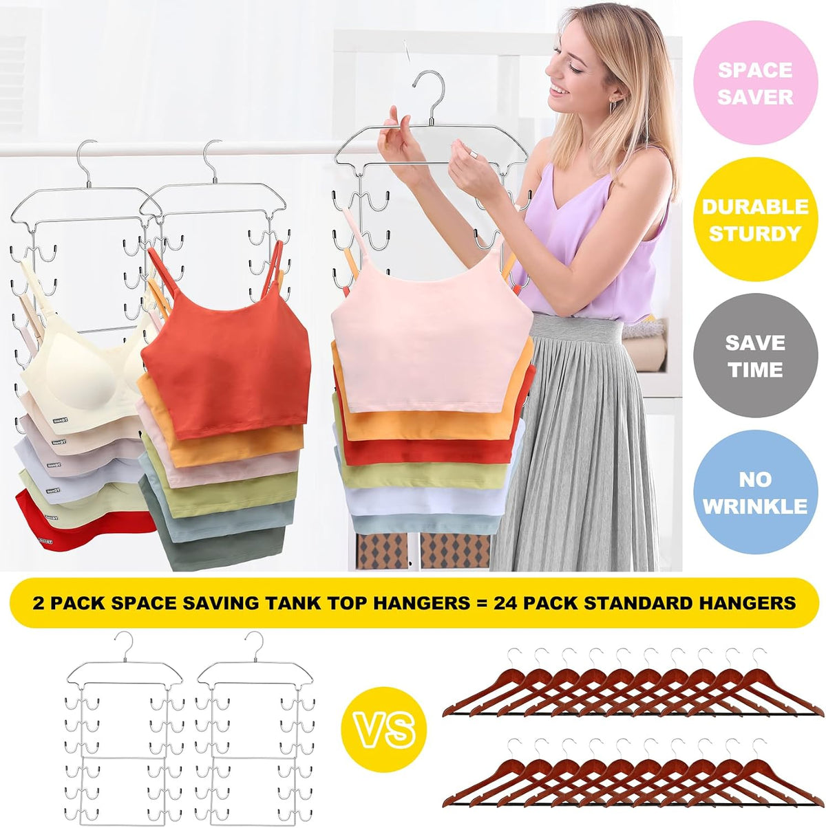 2 Pack Tank Top Hanger Space Saving, 360° Rotating Closet Organizers and Storage, 6 Tier Metal Bra Organizer with 24 Hanging Hooks, Small Space Solutions, RV Apartment College Dorm Room Essentials