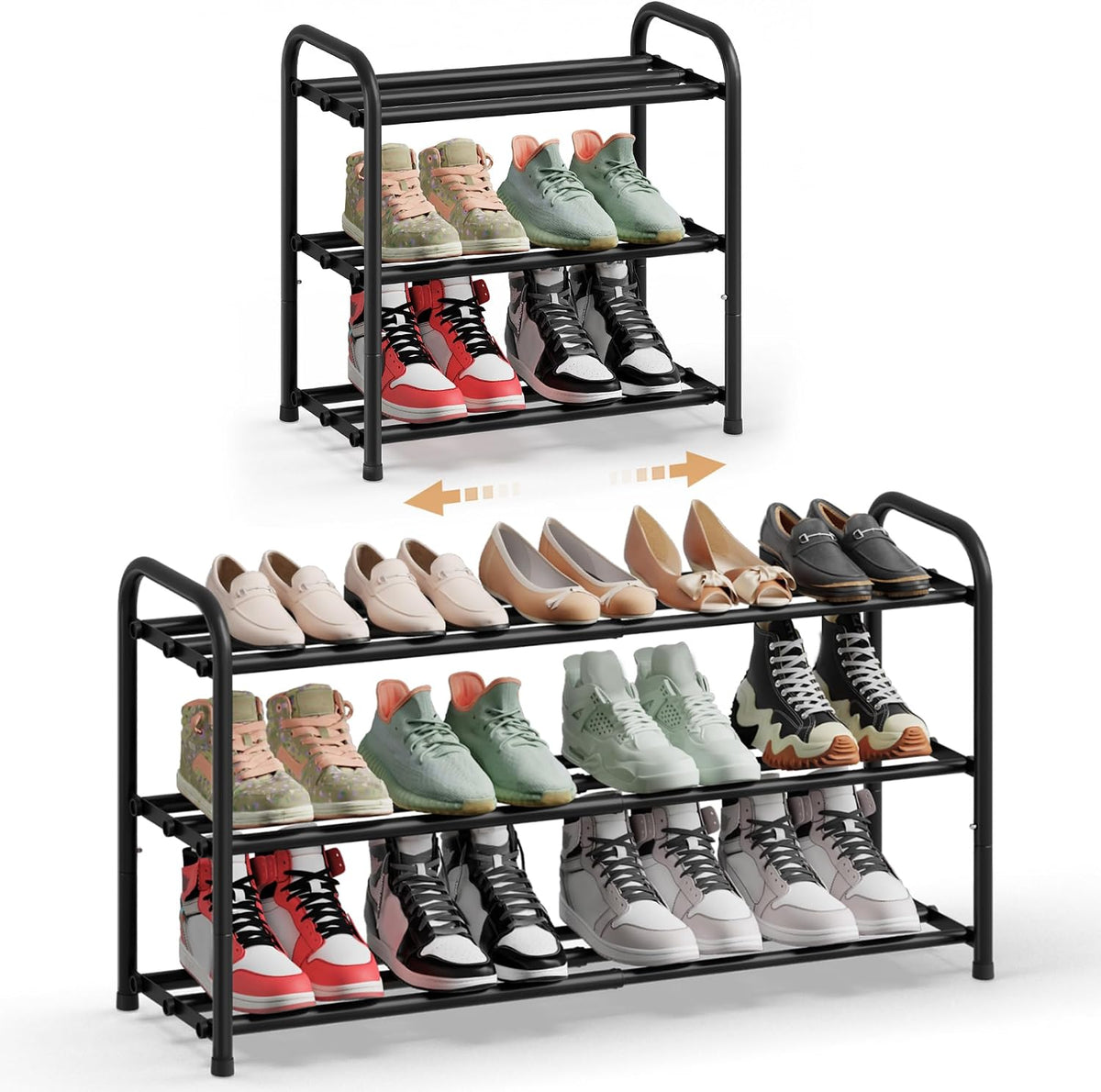 SONGMICS Expandable Shoe Rack, 3-Tier Shoe Organizer, Holds 6-12 Pairs