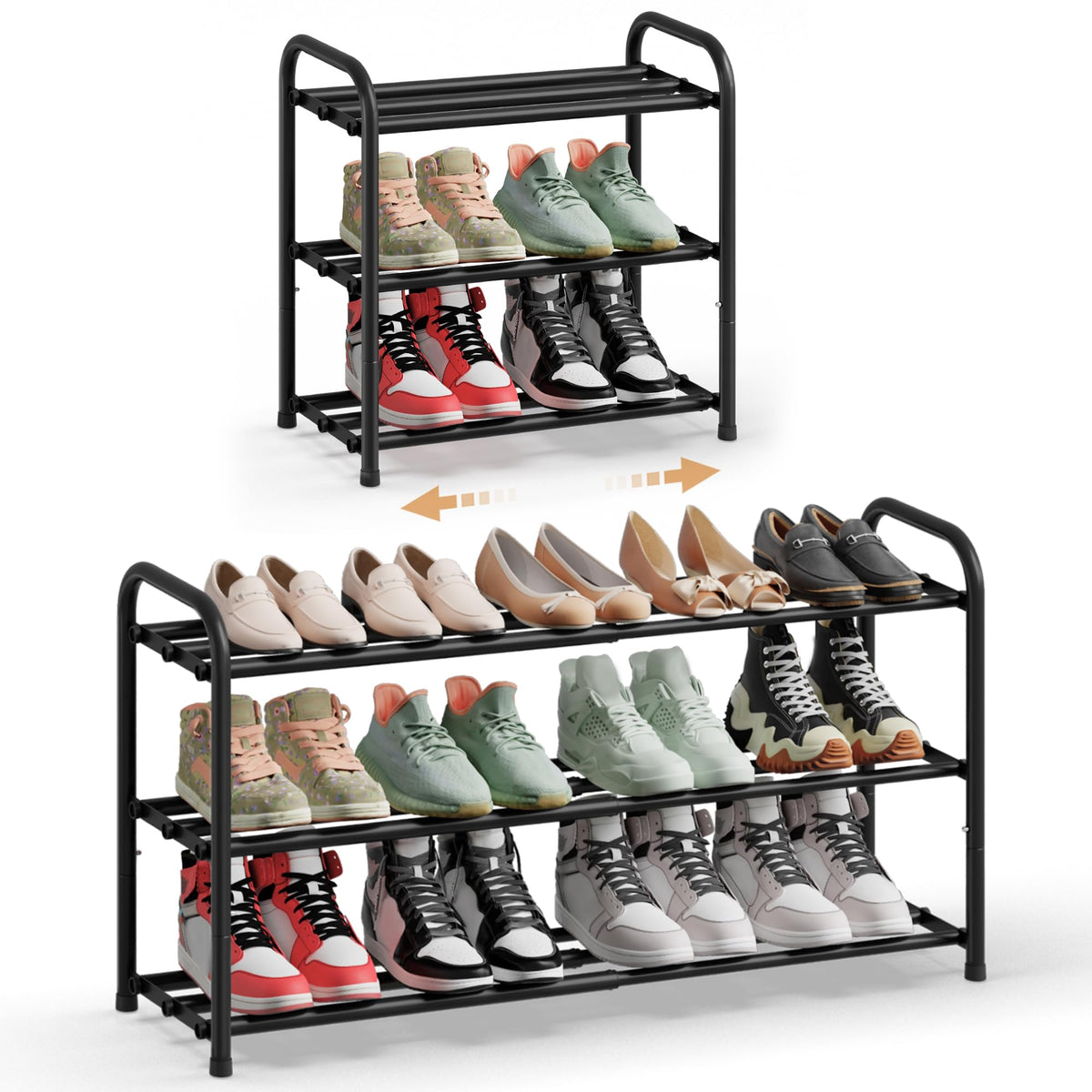 SONGMICS Expandable Shoe Rack, 3-Tier Shoe Organizer, Holds 6-12 Pairs