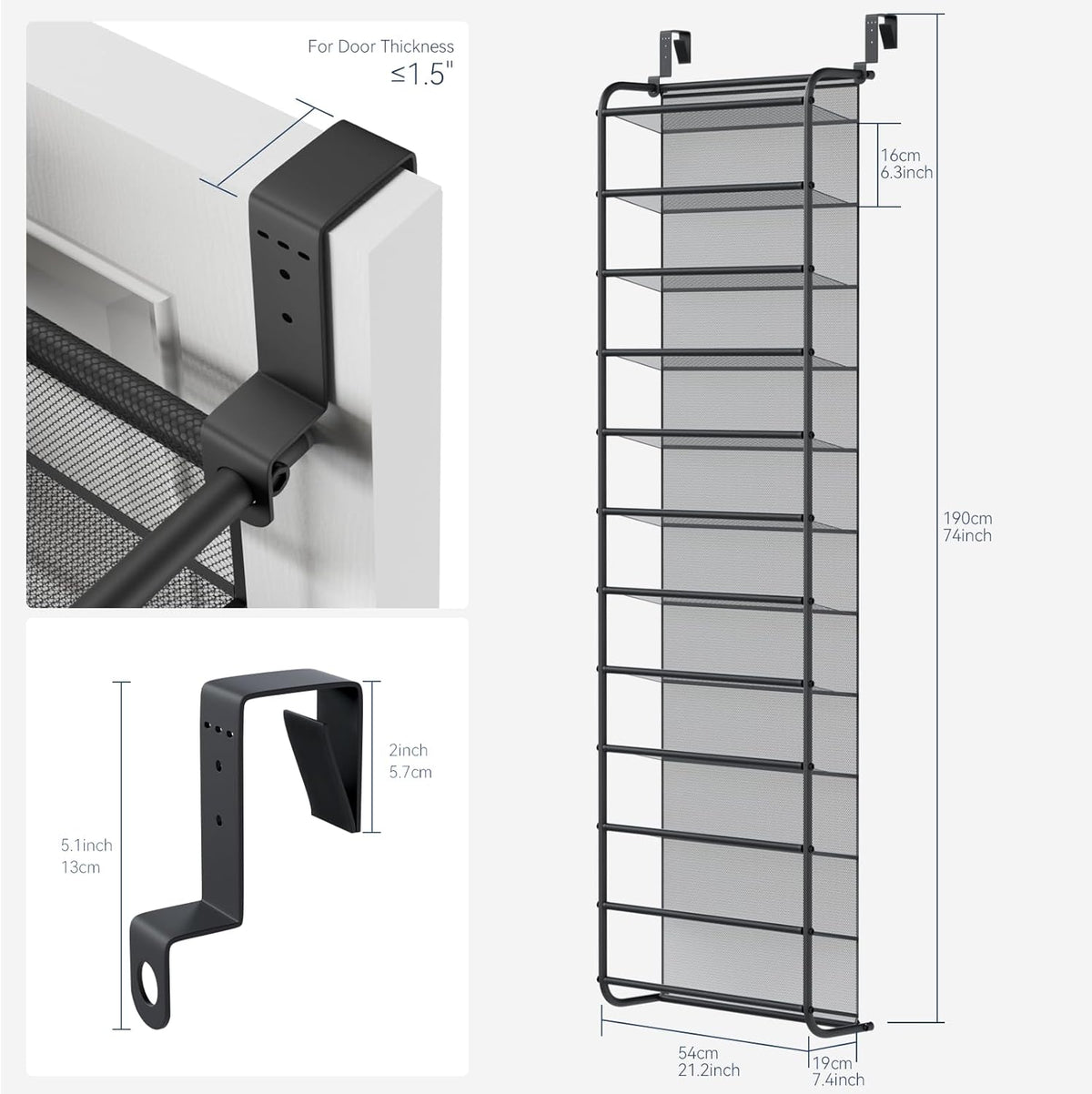 Whitmor 36 Pair Over the Door Shoe Organizer, 12 Tier Hanging Shoe Organizer, Heavy Duty Metal & Mesh Shoe Holder, Hanging Shoe Rack for Closet Storage, 74"H x 21.7"W x 7.5"D, Gunmetal Gray