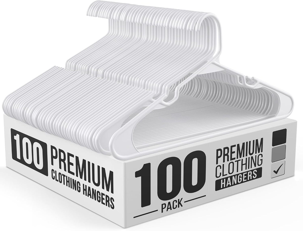 Our Modern Space 100 Pack Adult Plastic Hanger for Shirt Pants Coats Dresses Skirts Suits Jackets - Standard Thick Coat Hanger - Sturdy & Durable Design with Shoulder Grooves Hook - White