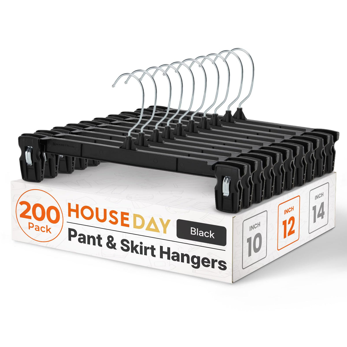 HOUSE DAY Black Pants Hangers with Clips 50 Pack, 12 Inch Skirt Hangers