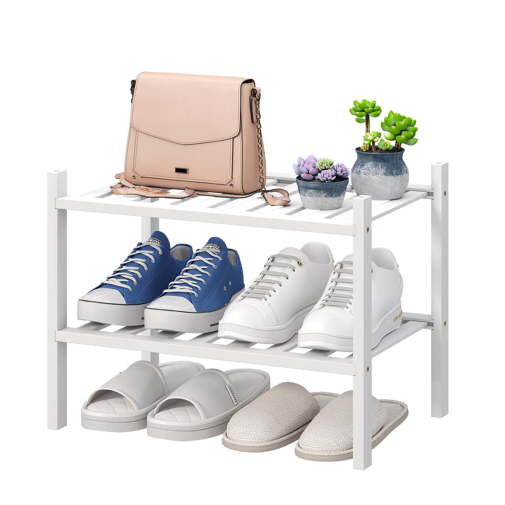viewcare 3-Tier Black Bamboo Shoe Rack for Entryway, Stackable | Foldable | Natural, Shoe Shelf Storage Organizer for Hallway Closet, Free Standing Shoe Racks for Indoor Outdoor