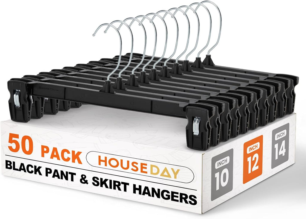 HOUSE DAY Black Pants Hangers with Clips 50 Pack, 12 Inch Skirt Hangers