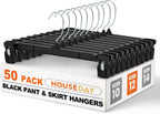HOUSE DAY Black Pants Hangers with Clips 50 Pack, 12 Inch Skirt Hangers