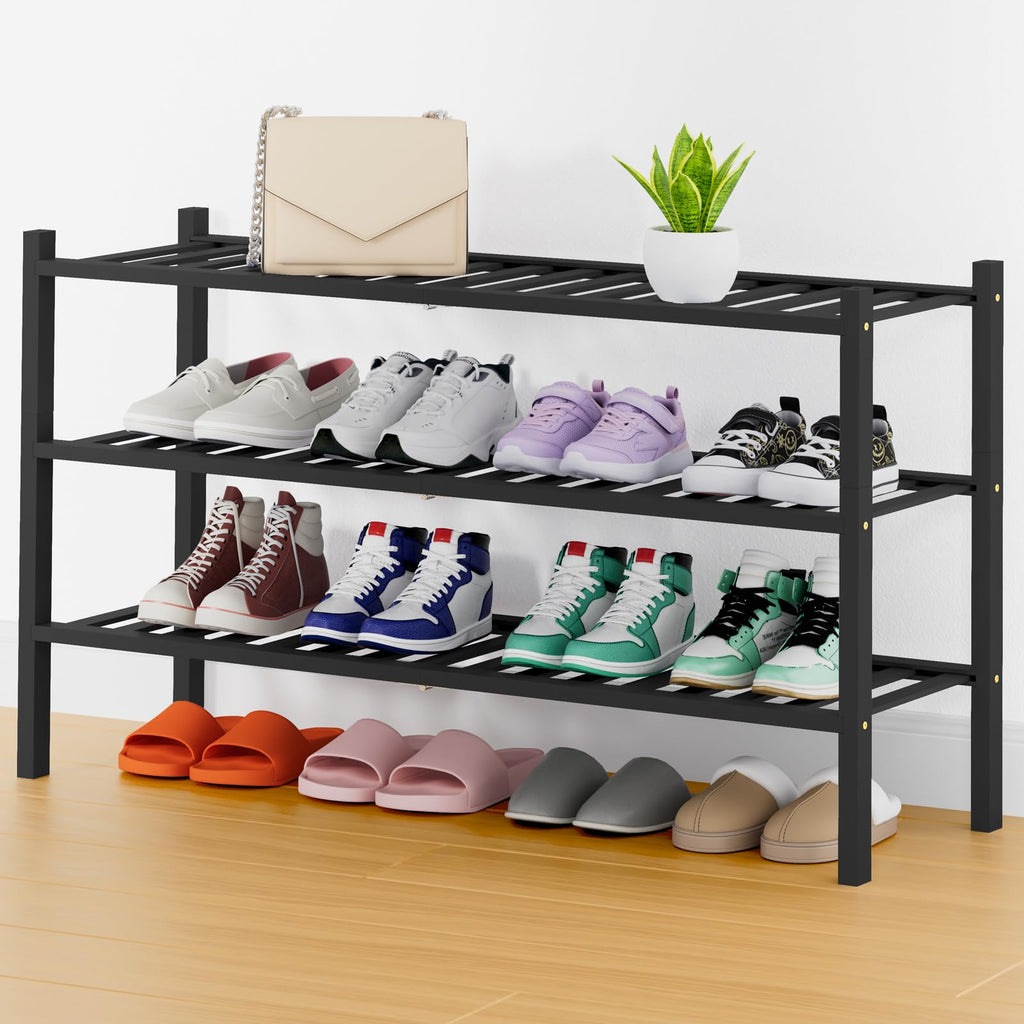 Smiry Bamboo Shoe Rack, 12 Vertical Slats, 3 Tier - 26.8" Wide, Natural
