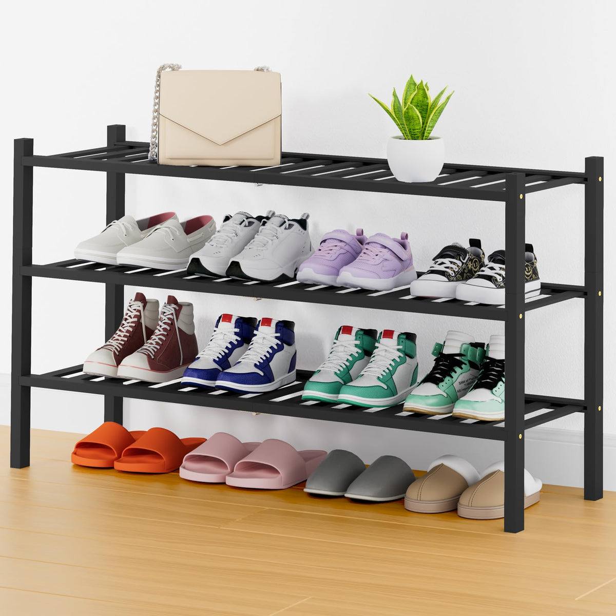Smiry Bamboo Shoe Rack, 12 Vertical Slats, 3 Tier - 26.8" Wide, Natural