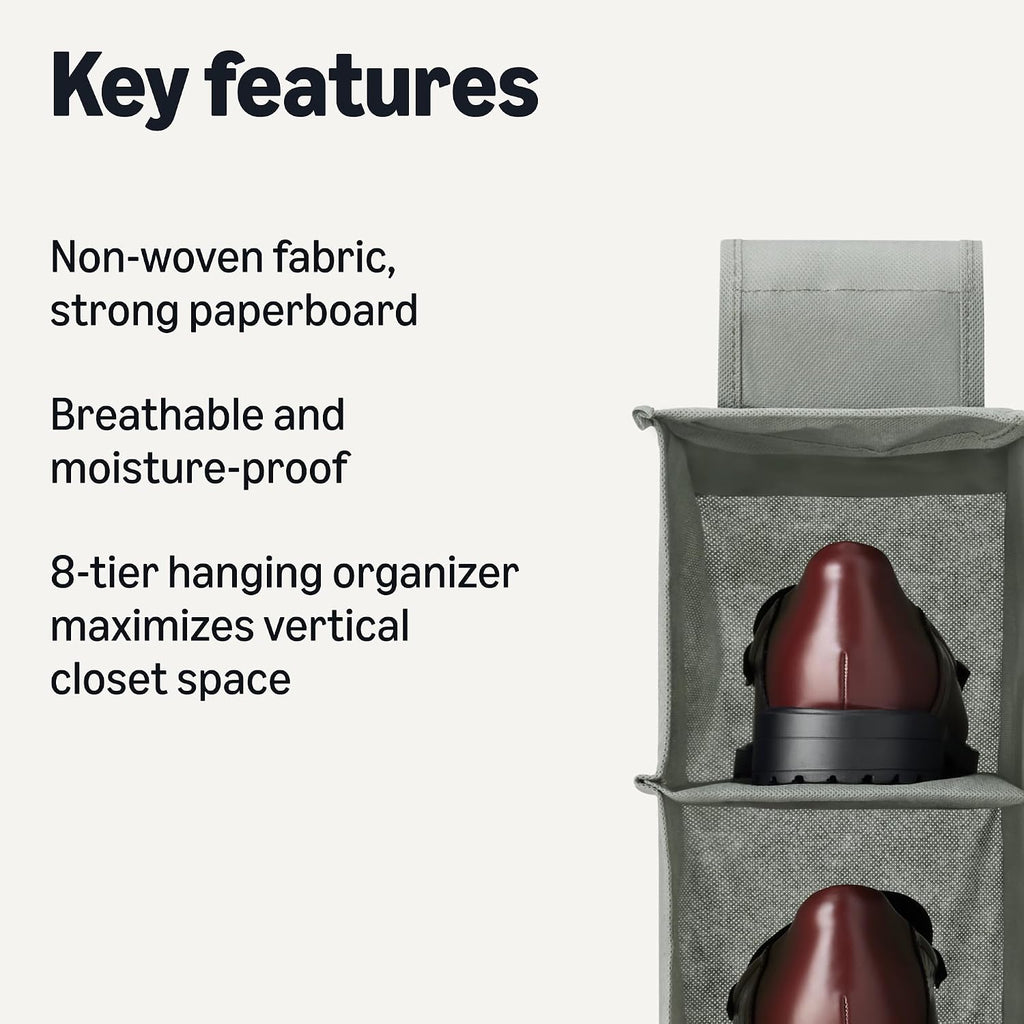 Amazon Basics 8-Tier Hanging Closet Shelf Shoe Organizer, Space Saving Storage, Foldable, 11.5 x 41 x 5.5 in, Dark Grey