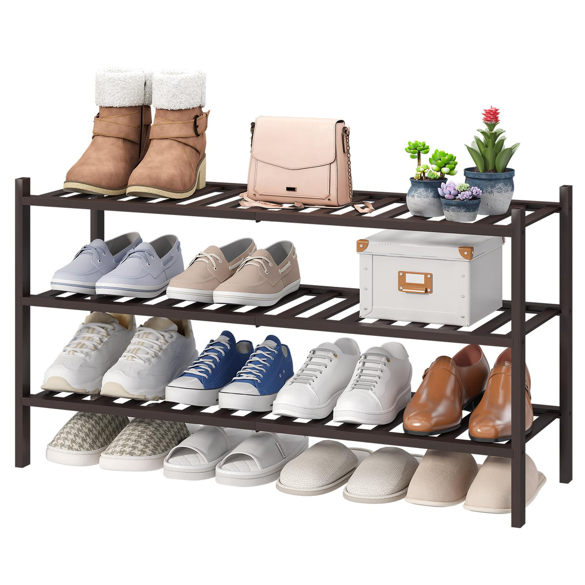 viewcare 3-Tier Black Bamboo Shoe Rack for Entryway, Stackable | Foldable | Natural, Shoe Shelf Storage Organizer for Hallway Closet, Free Standing Shoe Racks for Indoor Outdoor