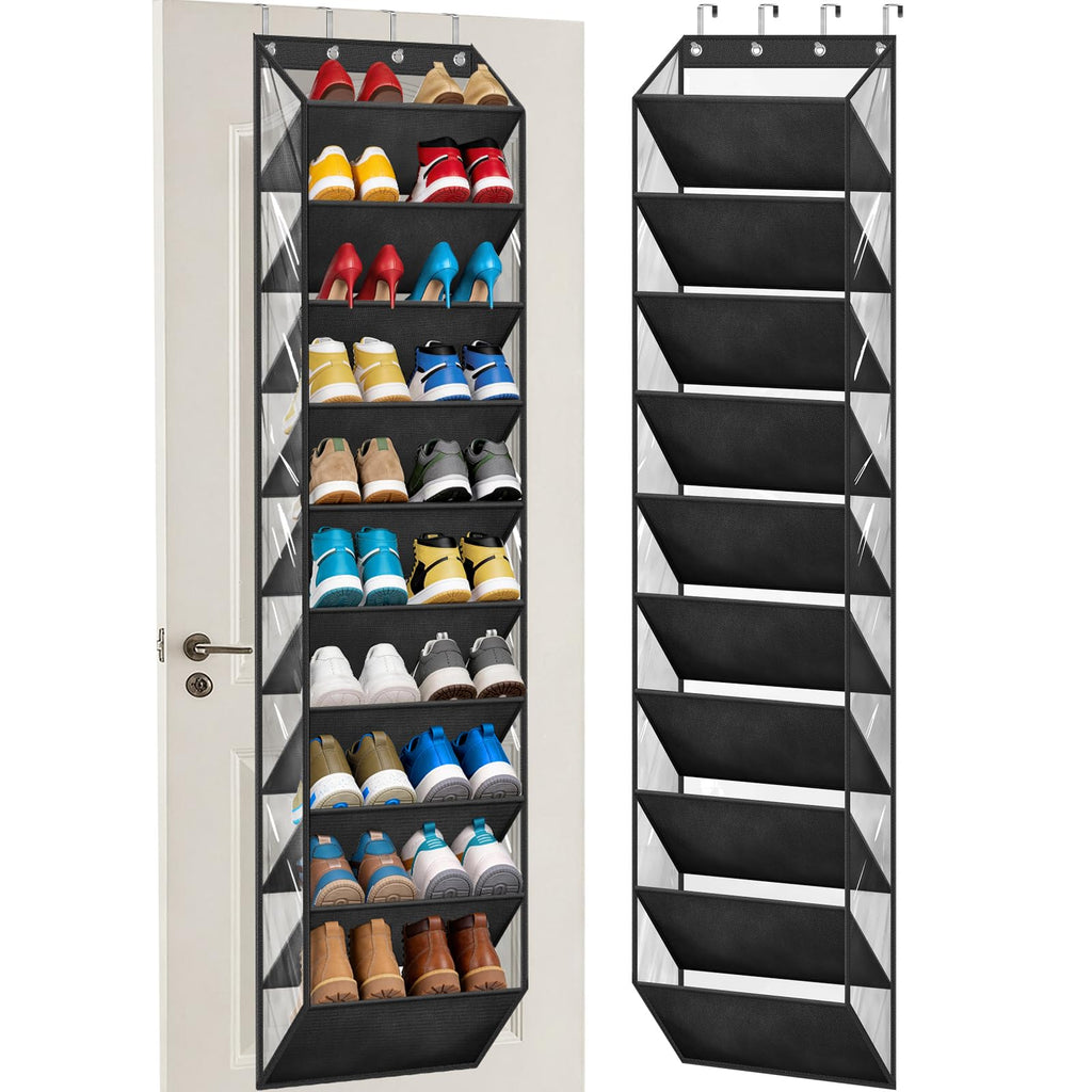 AOODA 10 Tier Clear Over the Door Shoe Organizer Storage, Deep Pockets Large Hanging Shoe Rack for Closet Door, Fit 20 Pairs Shoe Holder Hanger for Sneakers, Boots (Black)