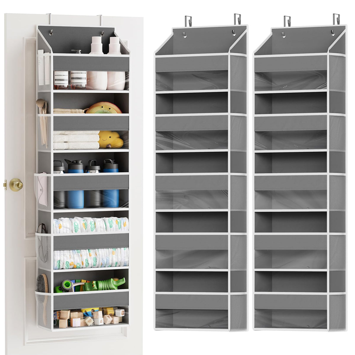 SpaceAid 1 Pack Over The Door Organizer with 5 Large Pockets and 10 Mesh Side Pockets, 5 Layers Door Organizer Hanging with Clear Window for Bedroom, Bathroom, Pantry and Nursery, Gray