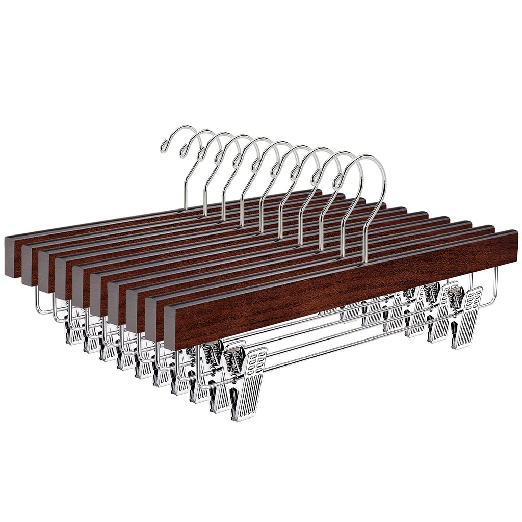 Amber Home 24 Pack Walnut Wooden Pants Hangers with Adjustable Clips, 14"