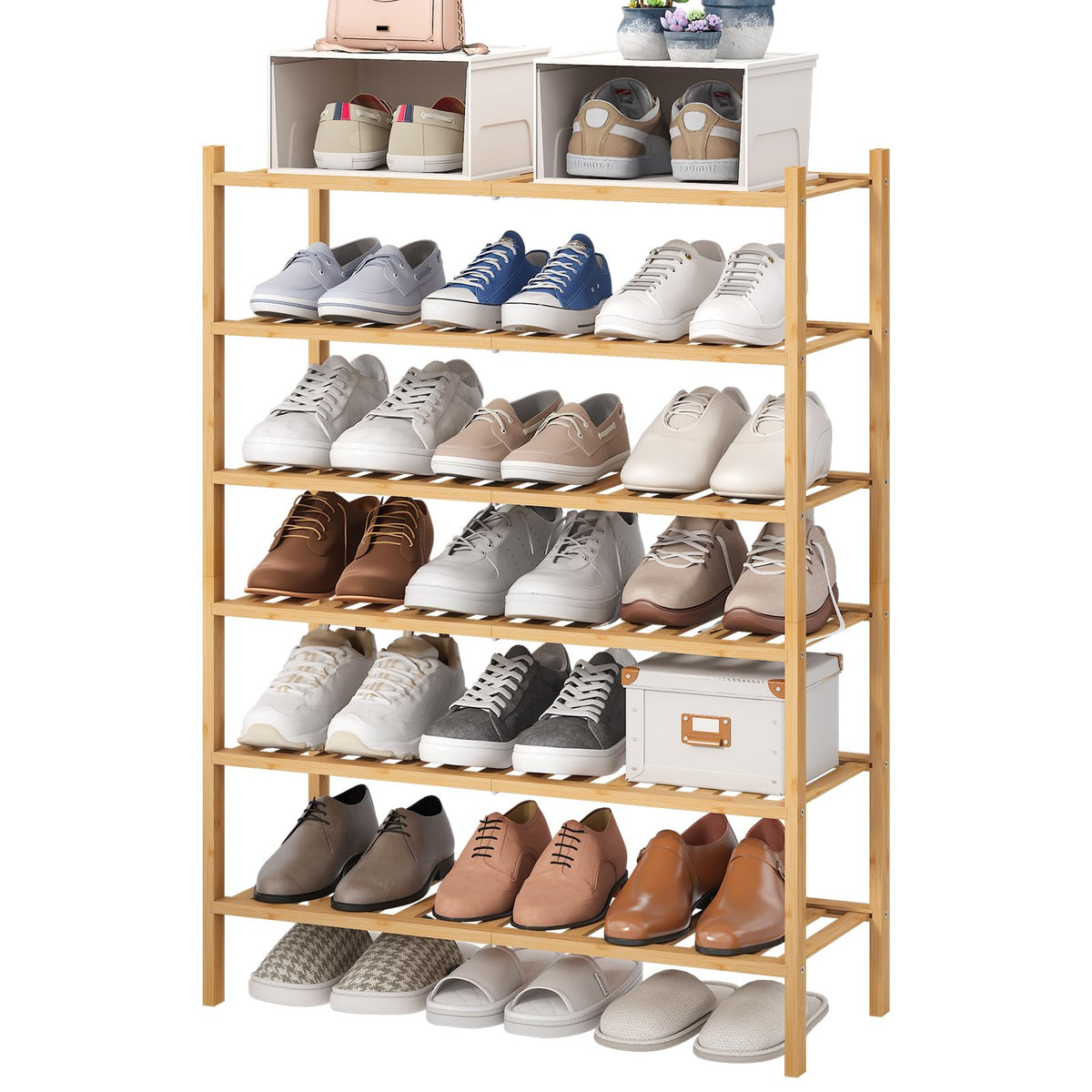 viewcare 3-Tier Black Bamboo Shoe Rack for Entryway, Stackable | Foldable | Natural, Shoe Shelf Storage Organizer for Hallway Closet, Free Standing Shoe Racks for Indoor Outdoor