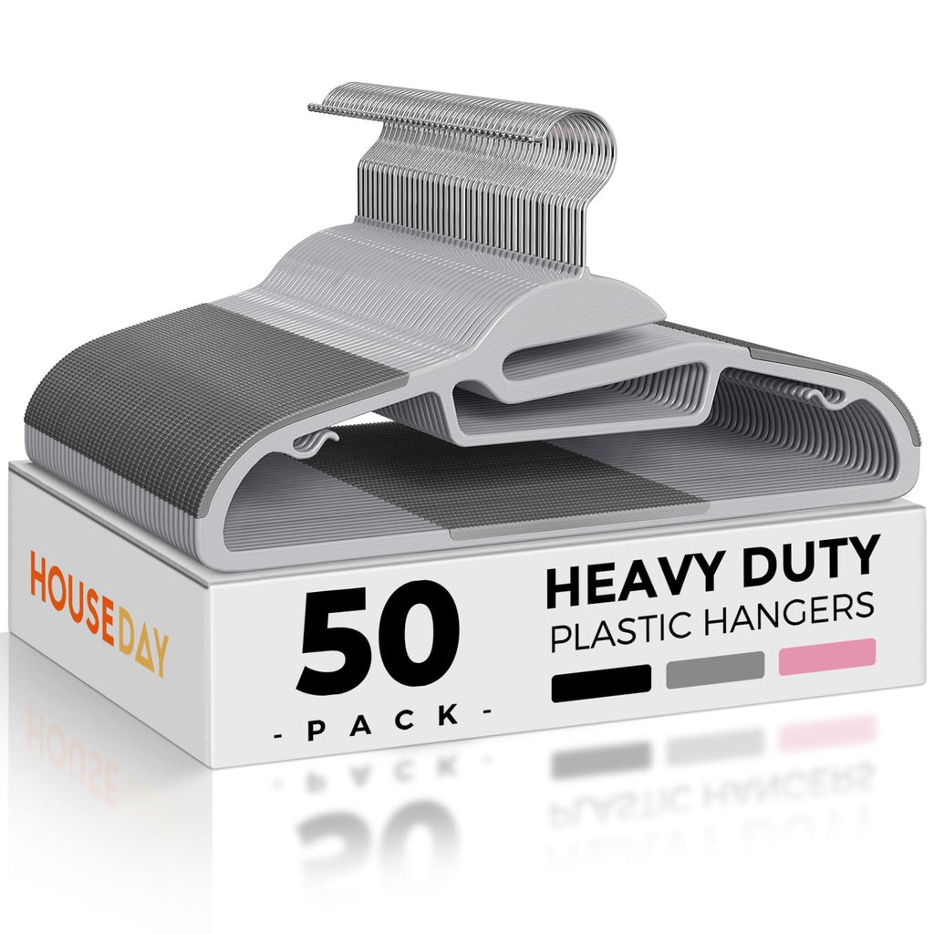 HOUSE DAY Grey Plastic Hangers 50 Pack, Slim Space Saving, Non Slip Hangers with Rubber Pads, Sturdy Heavy Duty Coat Hanger for Closet, S-Shaped Clothes Hanger for Shirt, Suit, Pant, Skirt