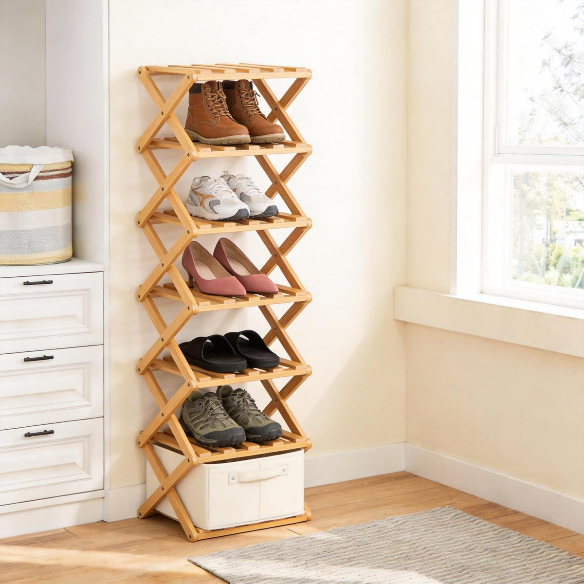 Vertical Narrow Shoe Rack, 7 Tier Portable Folding Shoe Storage Rack, Without Installation Free Standing Shoe Rack for Corridors, Bedrooms Living Room Corner and Small Spaces (7 Tier)