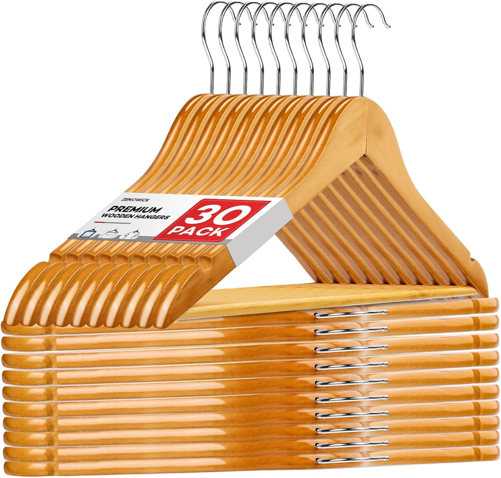 ZENOWICK Wooden Hangers 30 Pack, Heavy Duty Wood Hangers for Coats