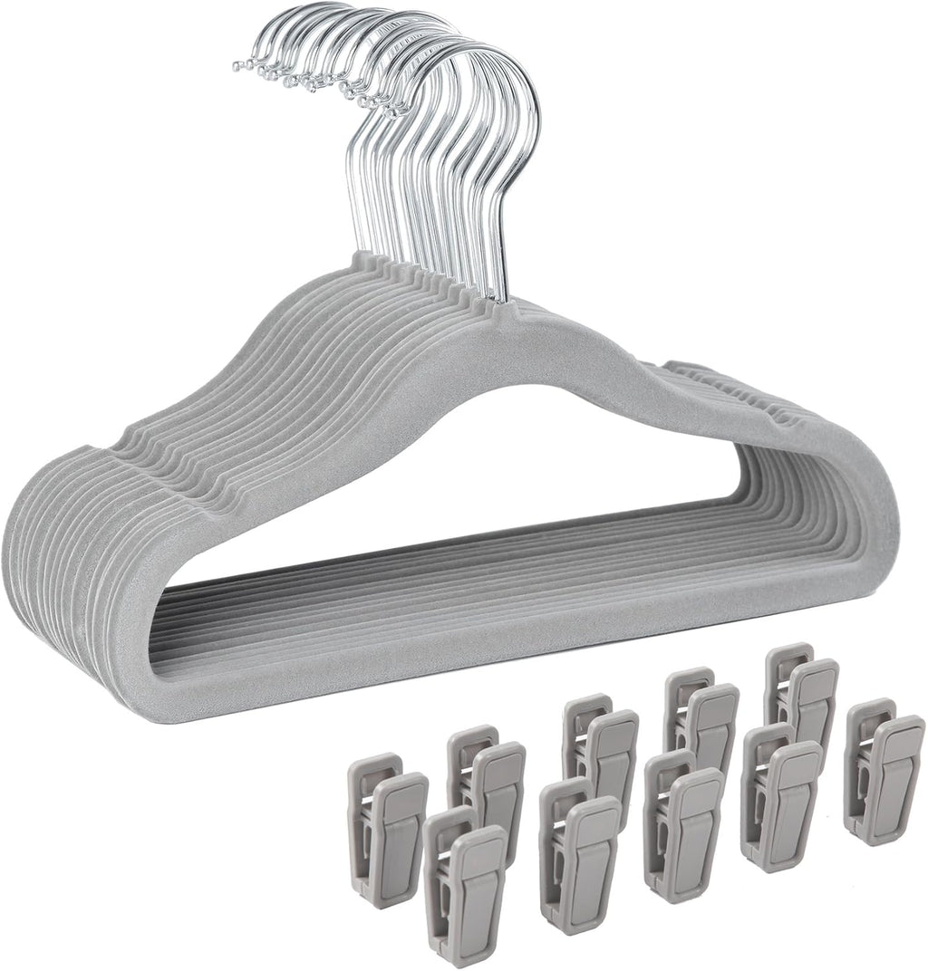 Finnhomy Non-Slip Clothes Hanger for Baby and Kids 30-Pack Velvet Hangers with 10 Finger Clips,Beige