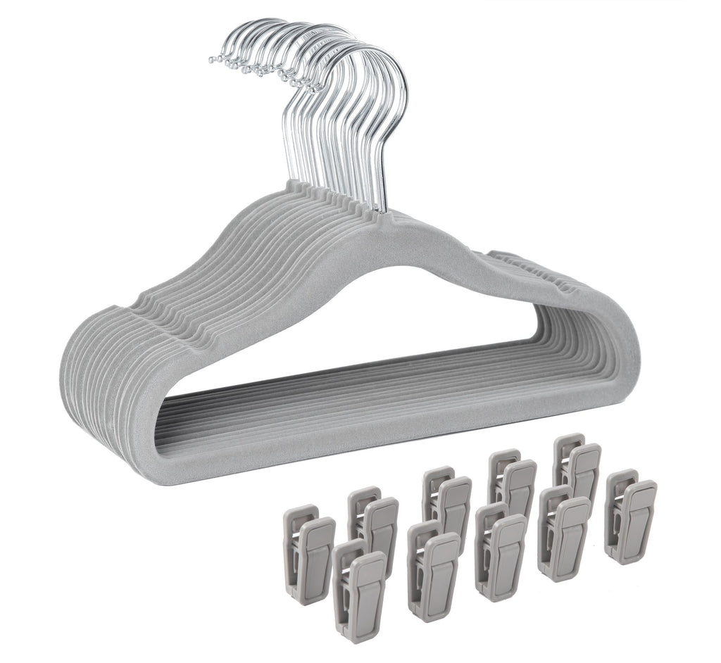 Finnhomy Non-Slip Clothes Hanger for Baby and Kids 30-Pack Velvet Hangers with 10 Finger Clips,Beige