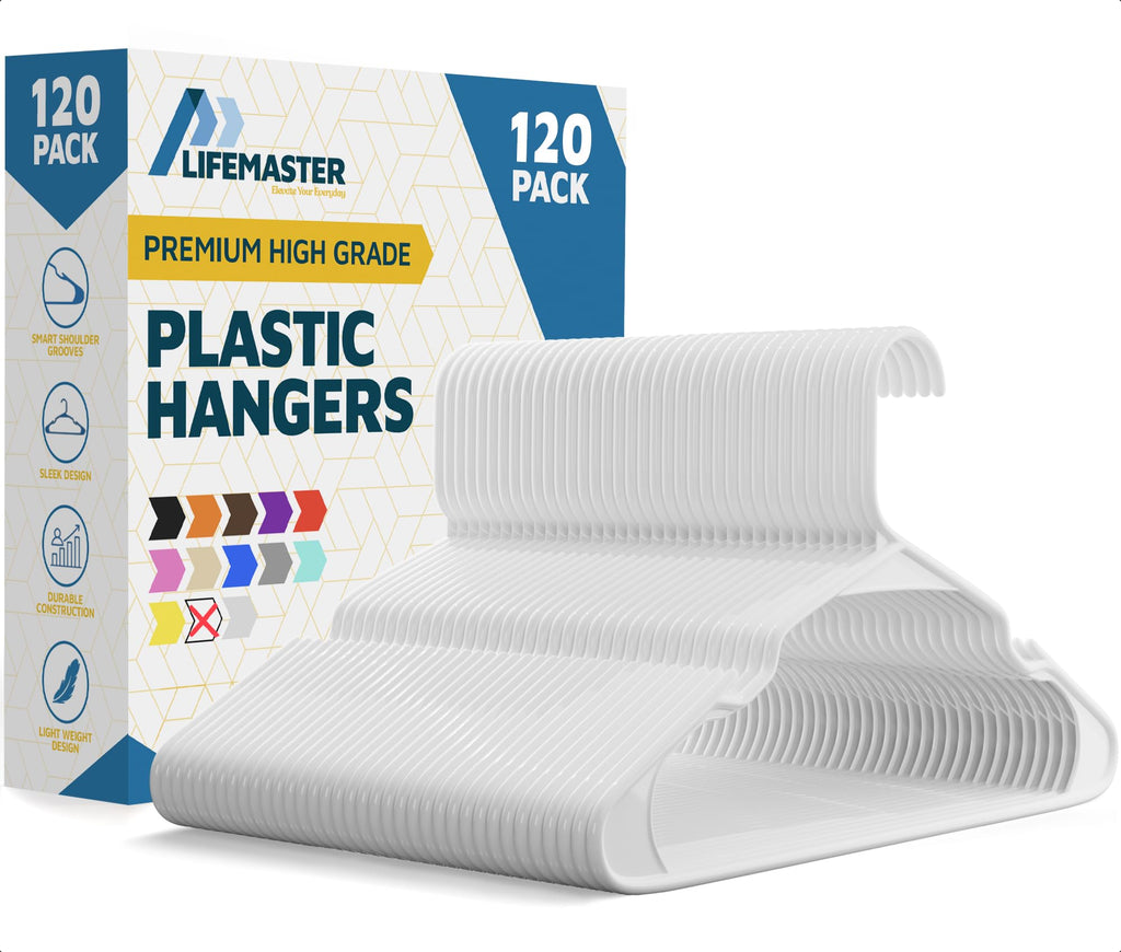 Lifemaster Plastic Clothes Hanger Set - 30 Pieces Versatile, Lightweight, Space-Saving, Non-Slip, Slim Designed, Dry and Wet Clothes Hanger Set - White