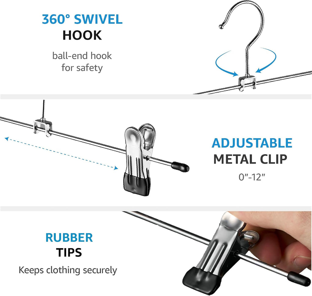 ZOBER Metal Pants Hangers with Clips, Skirt Clothes Hangers, 20 Pack