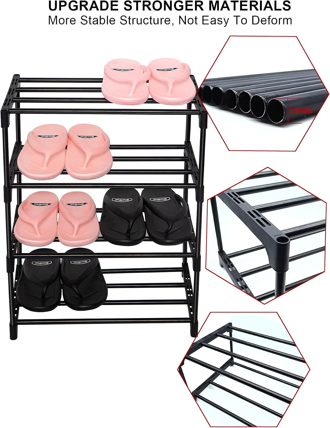 LNYZQUS Upgrade 4-Tier Small Shoe Rack, Metal Stackable Kids Shoe Shelf Storage Shoe Stand Organizer for Closet Entryway Hallway,Zapateras Organizer for Shoes(Black)