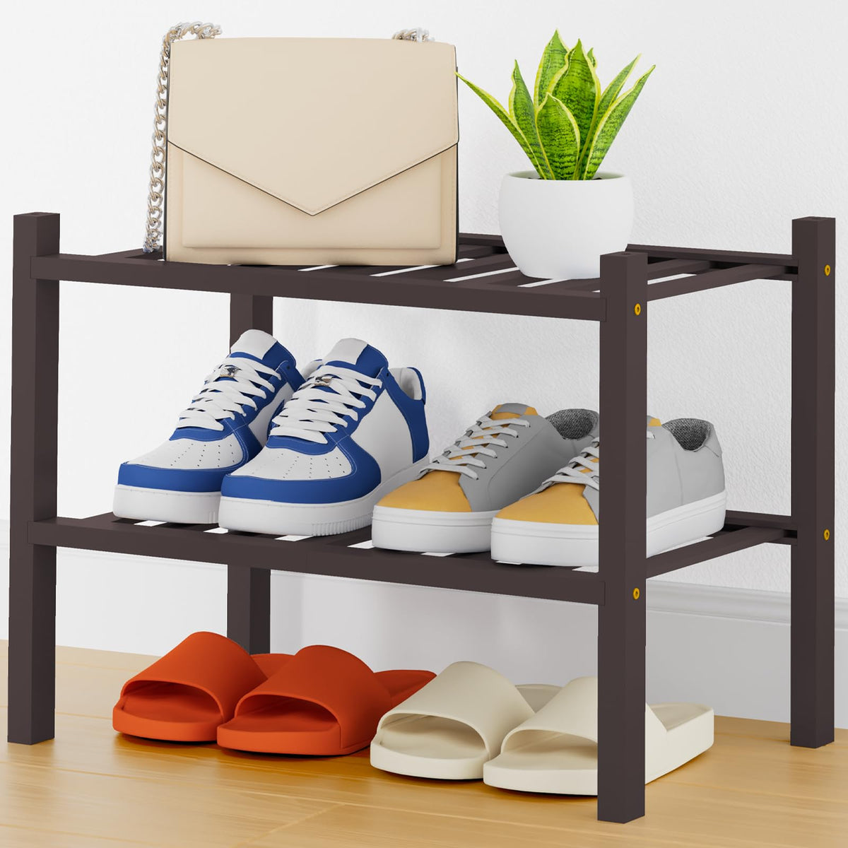 Smiry Bamboo Shoe Rack, 12 Vertical Slats, 3 Tier - 26.8" Wide, Natural