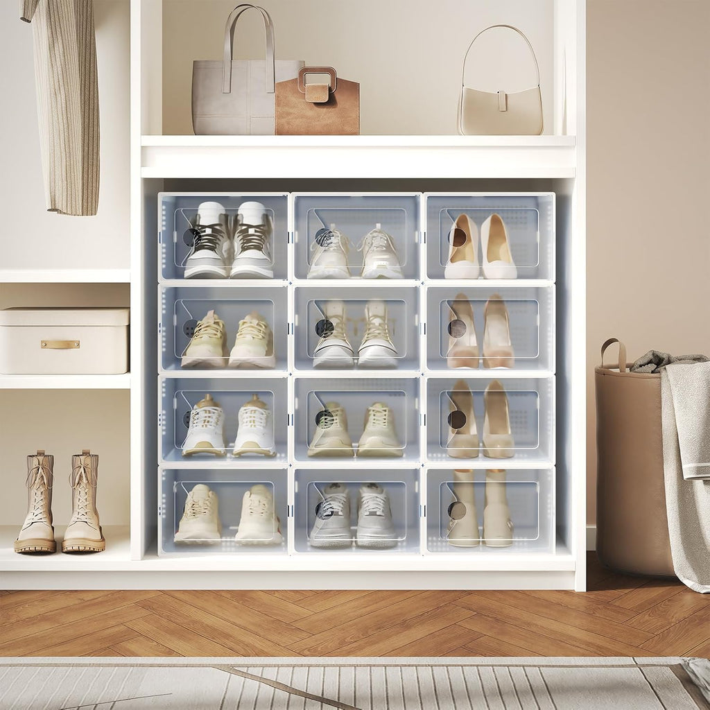 DUMOS Shoe Storage Boxes, 12-Pack Stackable Clear Shoe Containers with Lids, Display Sneaker Case Organizer for Closet, Under Bed, Entryway,White, Fit Size 11