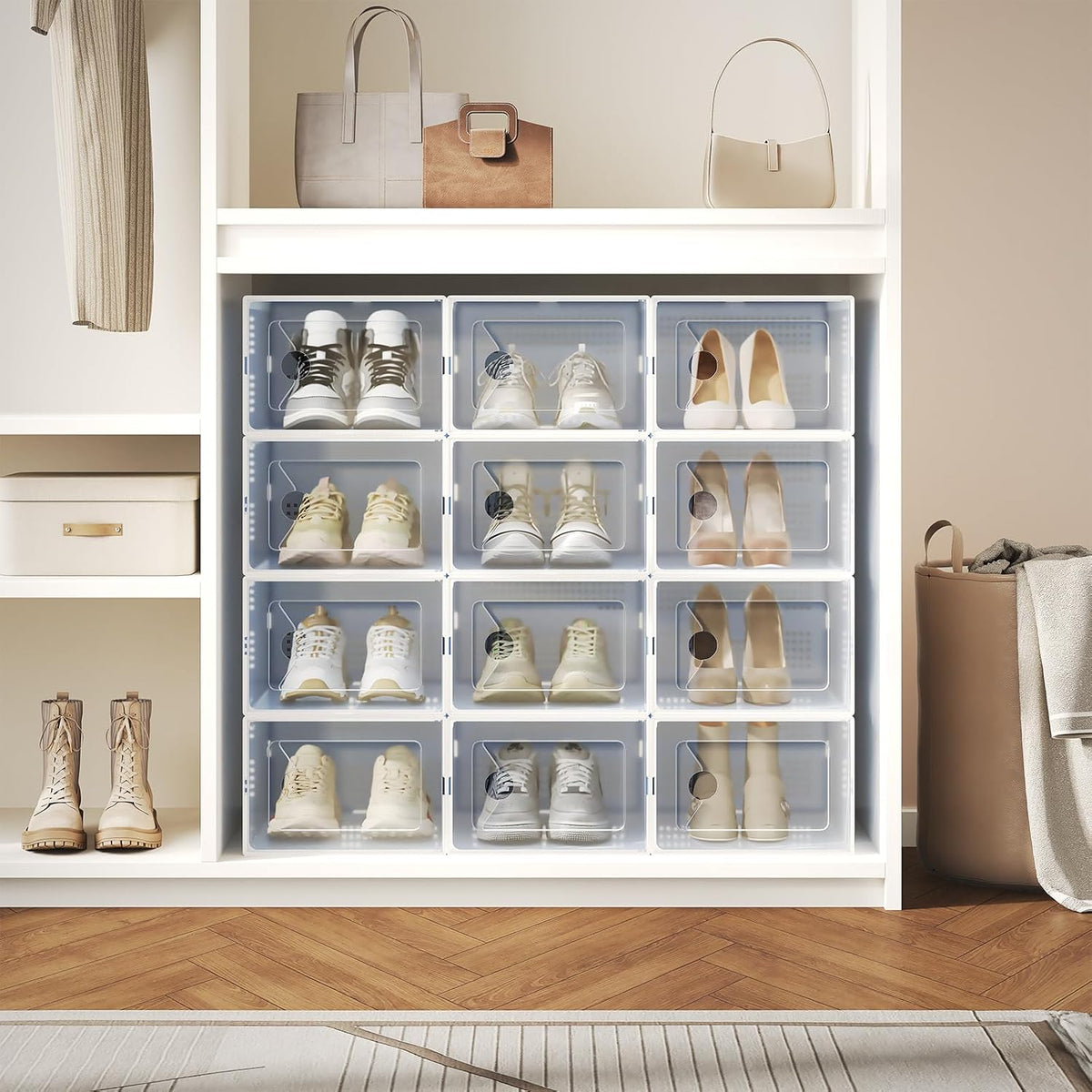 DUMOS Shoe Storage Boxes, 12-Pack Stackable Clear Shoe Containers with Lids, Display Sneaker Case Organizer for Closet, Under Bed, Entryway,White, Fit Size 11