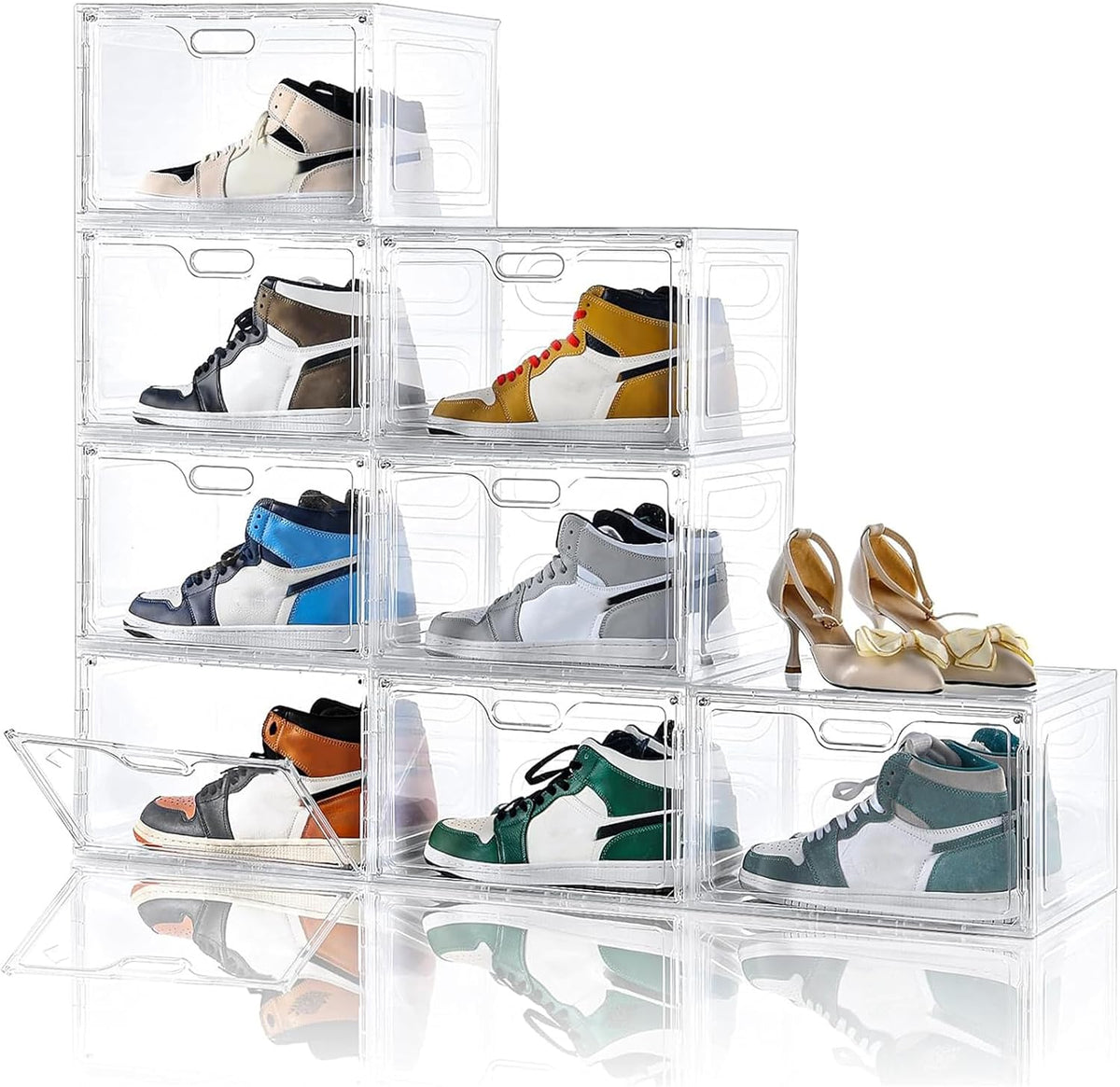 Amllas 8 Pack Shoe Boxes Clear Plastic Stackable, Large Shoe Storage Organizer with Lids,Drop Side Shoe Containers for Entryway,Sneaker Storage Fit up to US Size 13 (13’’x 10.6”x 8.3”)