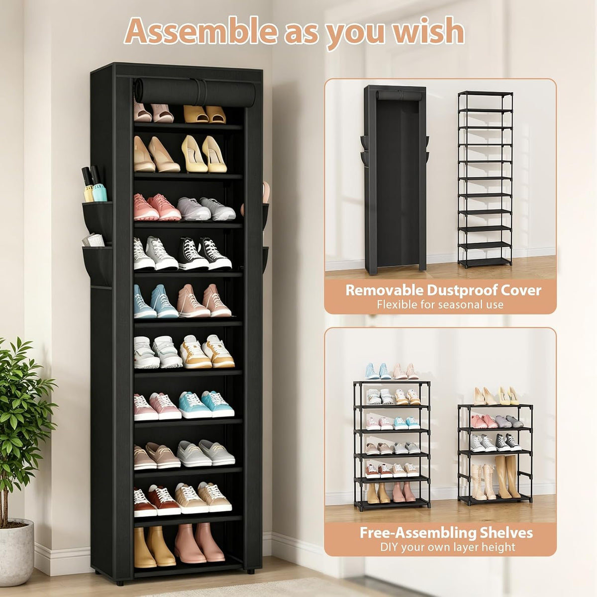 VTRIN Vertical Narrow Shoe Rack Organizer 10 Tier Tall Shoe Shelf Holds 20-22 Pairs with Non-Woven Dustproof Cover for Closet, Entryway Black