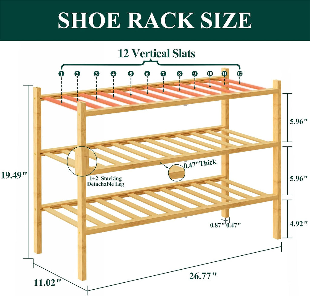 Smiry Bamboo Shoe Rack, 12 Vertical Slats, 3 Tier - 26.8" Wide, Natural
