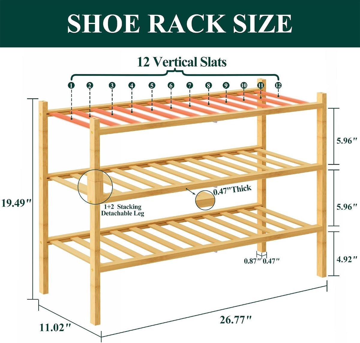 Smiry Bamboo Shoe Rack, 12 Vertical Slats, 3 Tier - 26.8" Wide, Natural