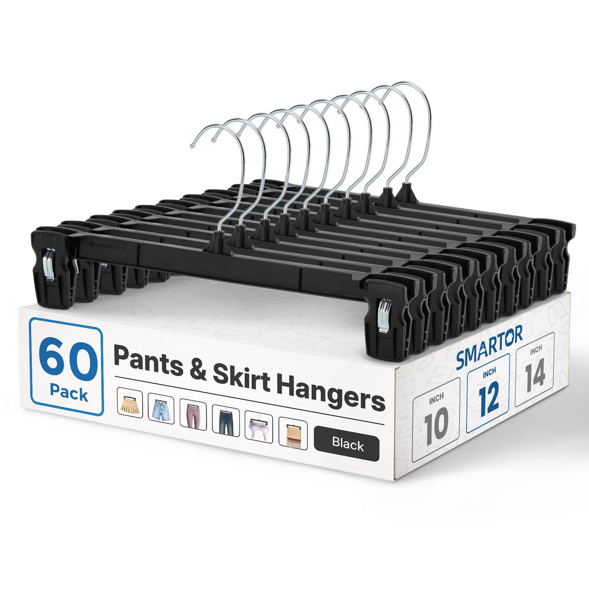 Smartor Black Pants Hangers 30 Pack, Skirt Hangers with Clips, 12 Inch