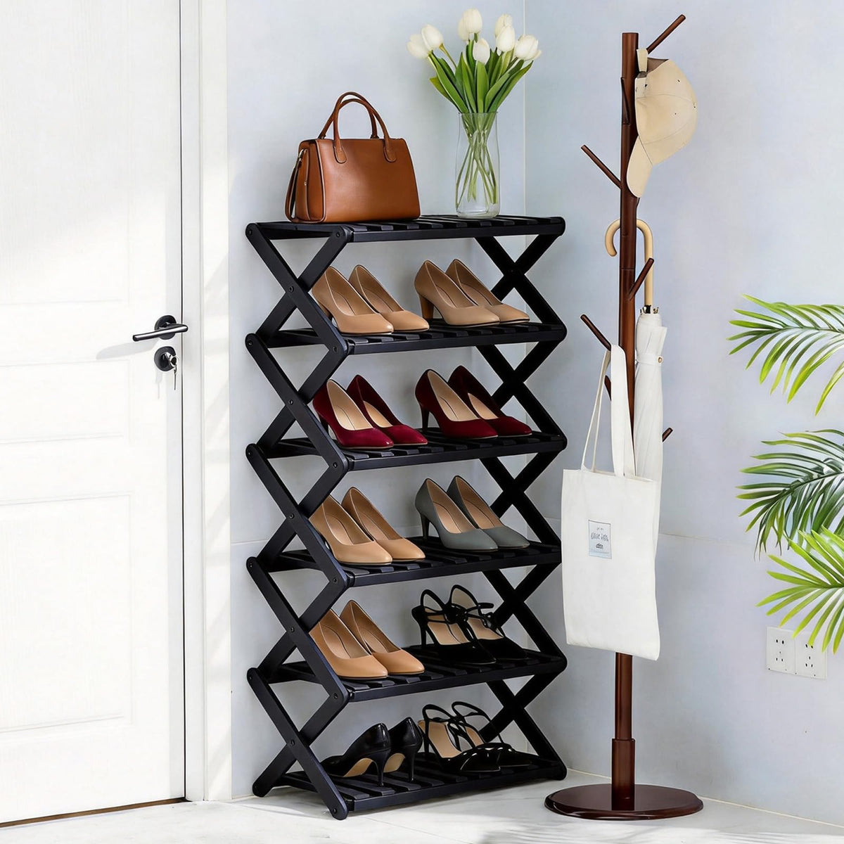 3 Tier Bamboo Shoe Rack,Portable Folding Shoe Storage Rack,Without Installation Small Shoe Rack Perfect for Corridors, Bedrooms and Small Spaces (3 Tier)