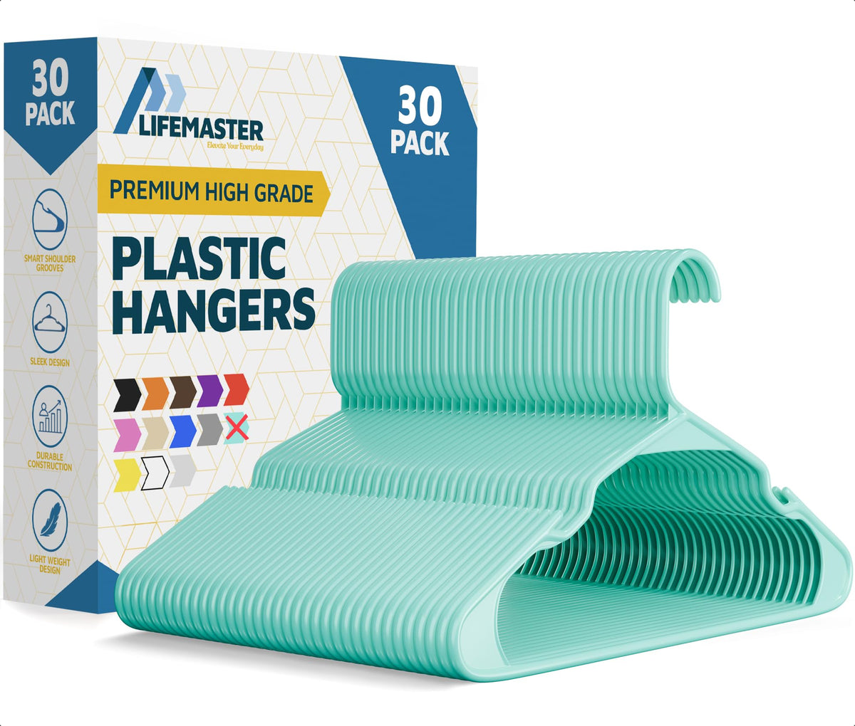 Lifemaster Plastic Clothes Hanger Set - 30 Pieces Versatile, Lightweight, Space-Saving, Non-Slip, Slim Designed, Dry and Wet Clothes Hanger Set - White