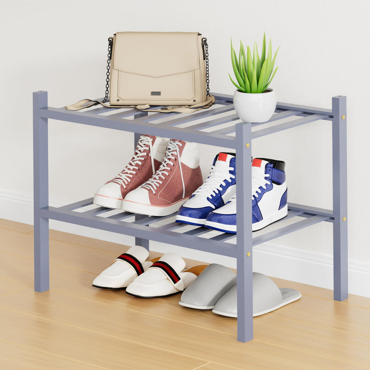 Smiry Bamboo Shoe Rack, 12 Vertical Slats, 3 Tier - 26.8" Wide, Natural