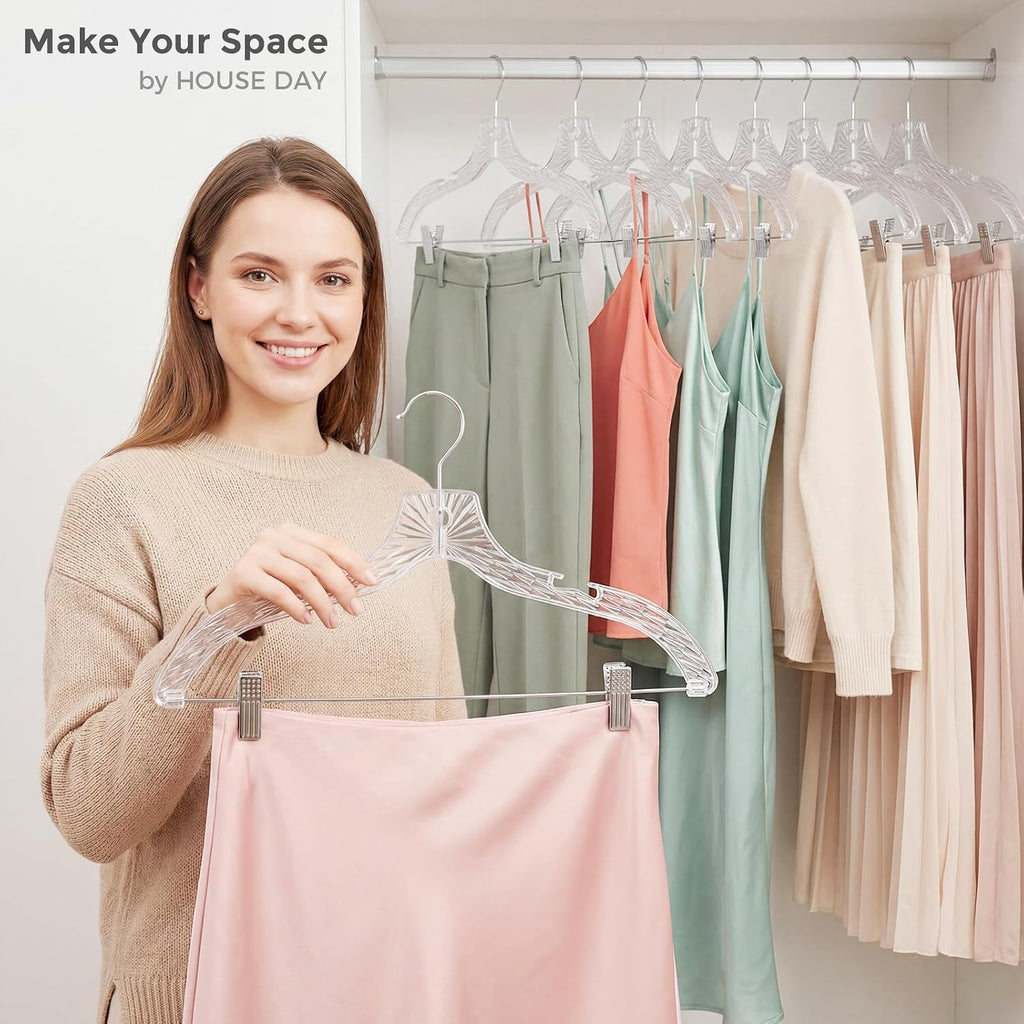 HOUSE DAY Clear Hangers with Clips 12 Pack, Set Hanger for Tops and Bottoms