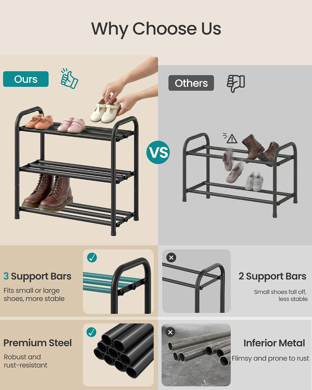 SONGMICS Expandable Shoe Rack, 3-Tier Shoe Organizer, Holds 6-12 Pairs