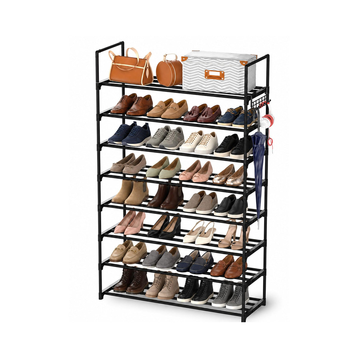 Hsscblet 6 Tiers Metal Shoe Rack,Adjustable Shoe Shelf Storage Organizer with Hooks,Stackable Boot & Shoe Storage,for Entryway,Hallway,Closet,Black