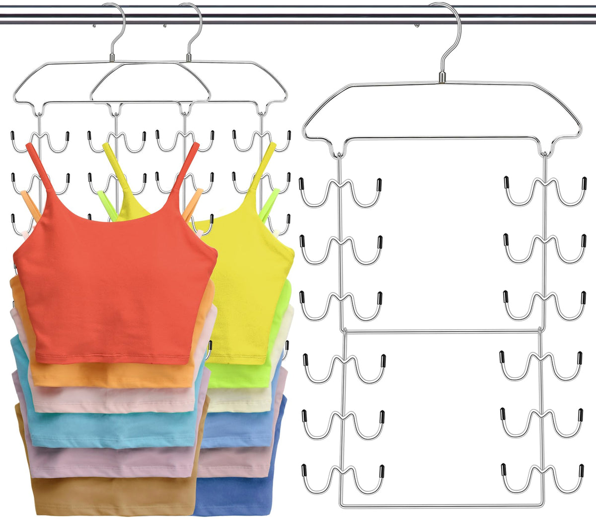2 Pack Tank Top Hanger Space Saving, 360° Rotating Closet Organizers and Storage, 6 Tier Metal Bra Organizer with 24 Hanging Hooks, Small Space Solutions, RV Apartment College Dorm Room Essentials