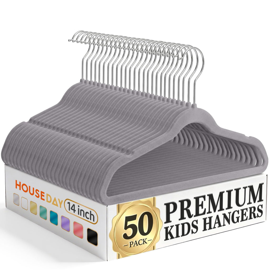 HOUSE DAY 14 Inch Kids Velvet Hangers 50 Pack, Durable Big Kid Hanger Black
