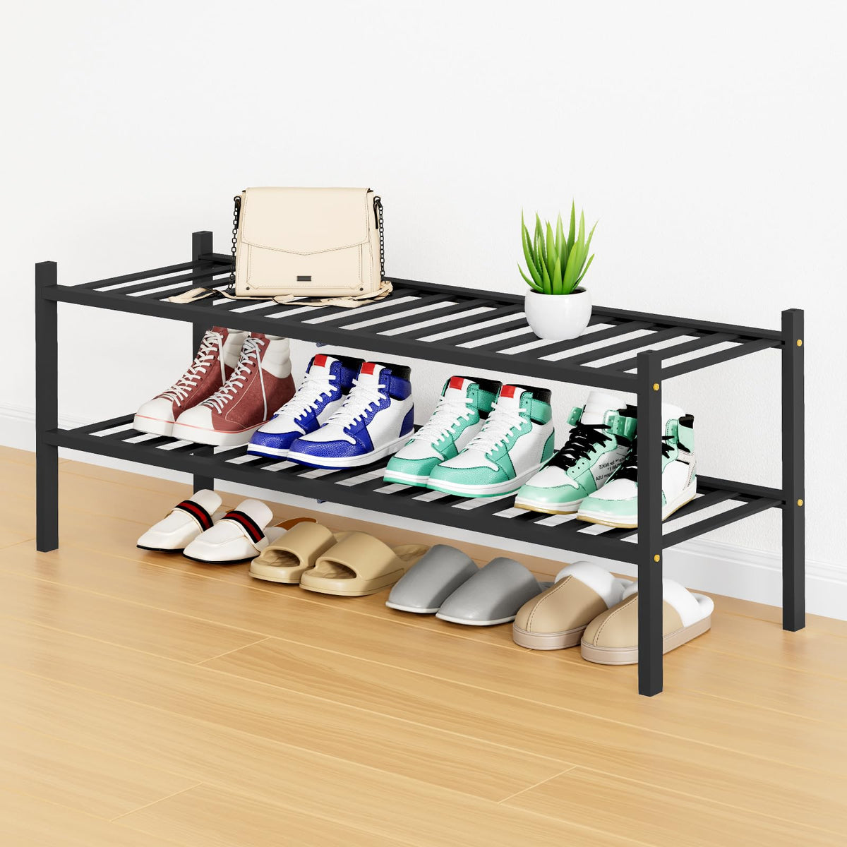 Smiry Bamboo Shoe Rack, 12 Vertical Slats, 3 Tier - 26.8" Wide, Natural